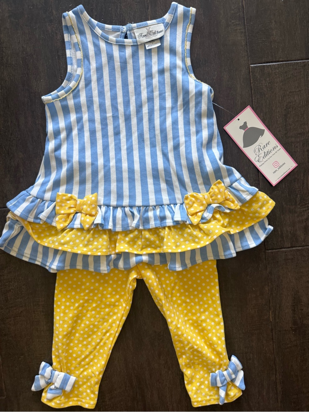 Rare Editions NWT Girls 2-Piece Set 3T Blue & Yellow Stripe Polka Dot with Bows